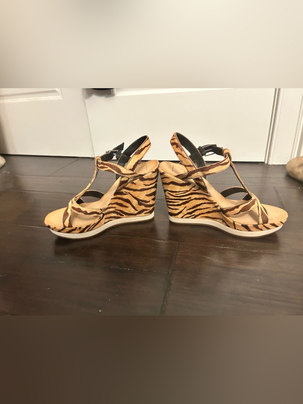 Tiger Print Wedge Sandals - Women's Tan Zebra Pattern